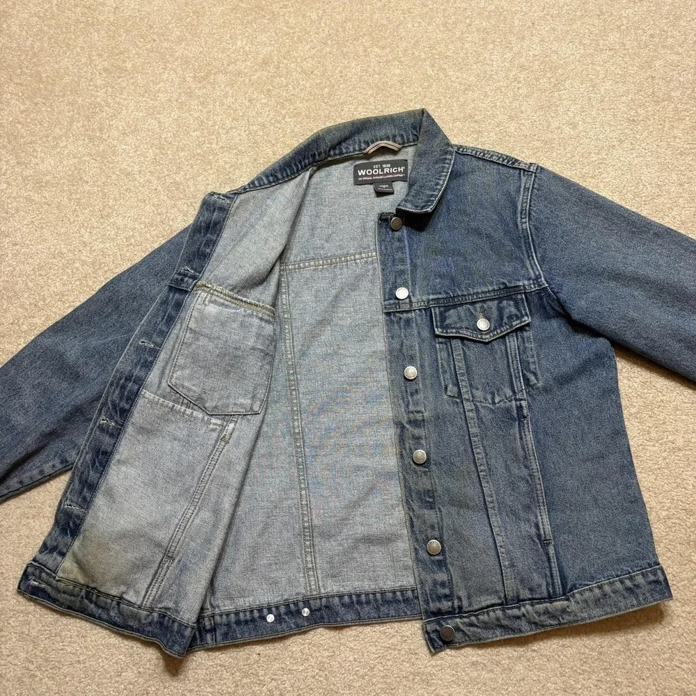 Woolrich Denim Jacket Womens Medium Blue Jean Trucker Snap Front Unlined Outdoor